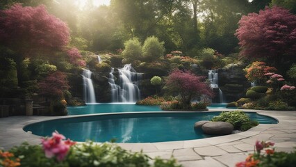 fountain in the garden Fantasy swimming pool with a waterfall of magic, with a landscape of enchanted trees and flowers 
