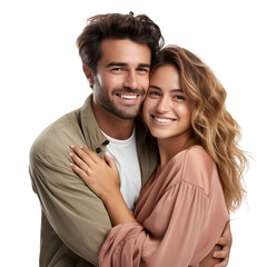 Happy young  couple hugging cute, smiling  love and care in studio, isolated on transparent background Generative AI	