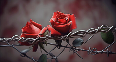 red roses on barded wire, ai generated. - obrazy, fototapety, plakaty