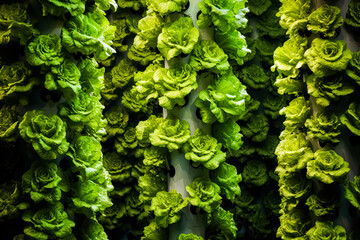 Lettuce in a vertical bed, greenhouse grown with space saving technology. A stock photo showcasing innovative farming for healthy and efficient food production