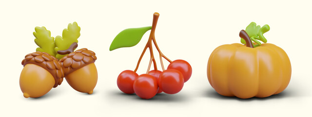 3D acorns, bunch of red berries, pumpkin. Color illustrations in cartoon style. Autumn edible ingredients. Set of isolated creative images for seasonal events, promotions, sales