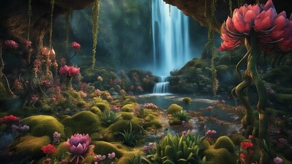 waterfall in the forest Horror  mural of a cursed beautiful landscape, with poisonous flowers, spikes, webs, eyes, slime,  - obrazy, fototapety, plakaty