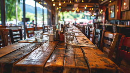 long wooden table with glasses and condiments, lined with chairs, in a restaurant with a cozy, inviting atmosphere - obrazy, fototapety, plakaty