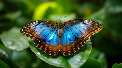 Blue Morpho Butterfly on Green Leaf