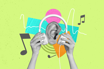 Photo poster collage illustration of human ear listen wired headset mp3 radio playlist...