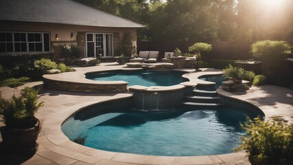 luxury swimming pool Residential inground swimming pool in backyard with waterfall and hot tub 
