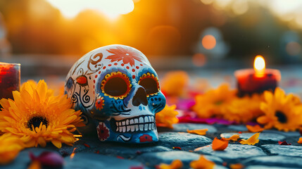 Colorful Day of the Dead Skull with Flowers in Traditional Mexican Celebration