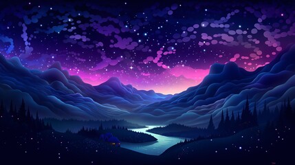 A serene nighttime scene of a river flowing through a valley with a house and trees in the foreground Generative AI