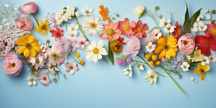Bouquet of beautiful spring flowers on pastel blue table top view, Ai generated image