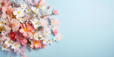 Bouquet of beautiful spring flowers on pastel blue table top view, Ai generated image
