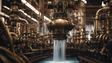 Steam punk waterfall  with a landscape of pipes and valves, with a Dry Nur waterfall   - Powered by Adobe