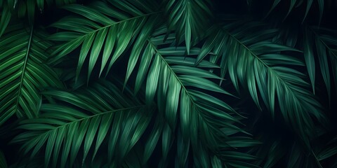 closeup of beautiful palm leaves in a wild tropical palm garden, dark green palm leaf texture concept full framed, wallpaper decoration