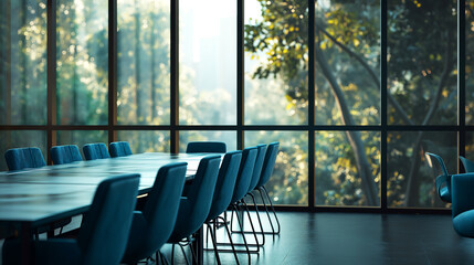 modern meeting room with a large wooden table and blue chairs, surrounded by floor-to-ceiling windows looking out onto a forested area