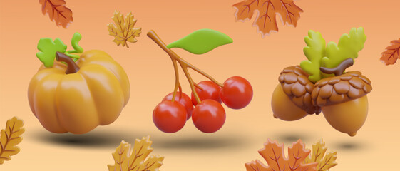 Concept of bountiful autumn. Realistic ripe pumpkin, bunch of red berries, acorns. Horizontal template on colored background. Fall festival, thematic seasonal holiday. Thanksgiving Day