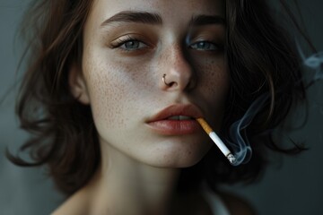 A woman with freckles holding a cigarette in her mouth. Suitable for lifestyle, smoking, and beauty concepts - obrazy, fototapety, plakaty