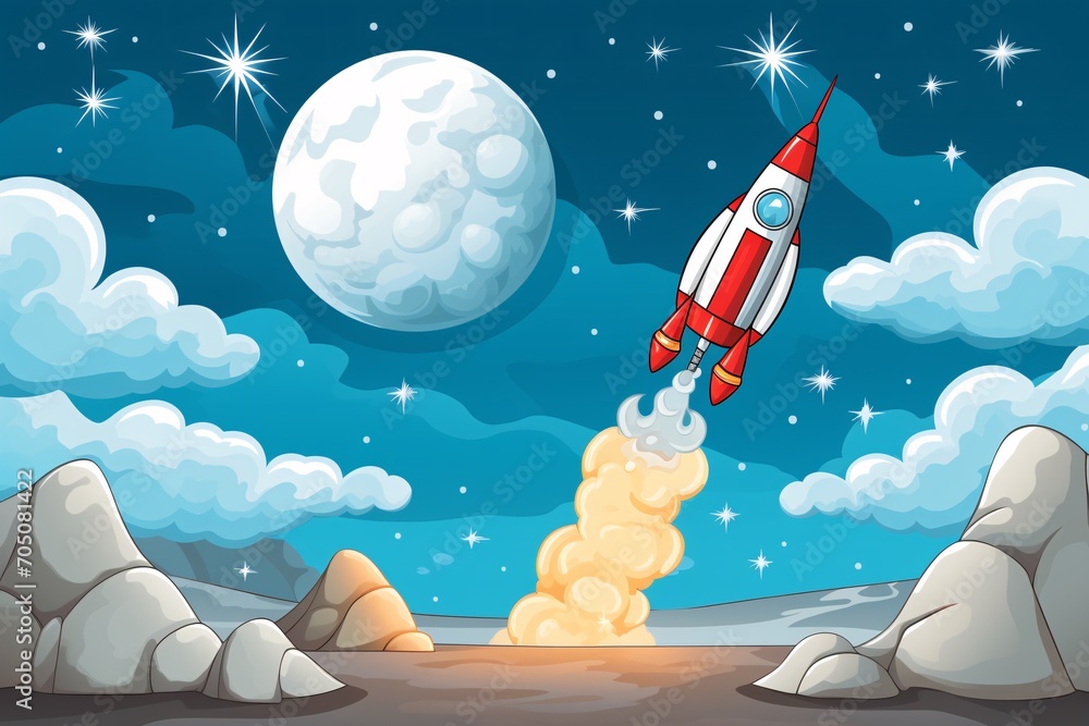 Poster a rocket launching into space with a moon in the background generative ai