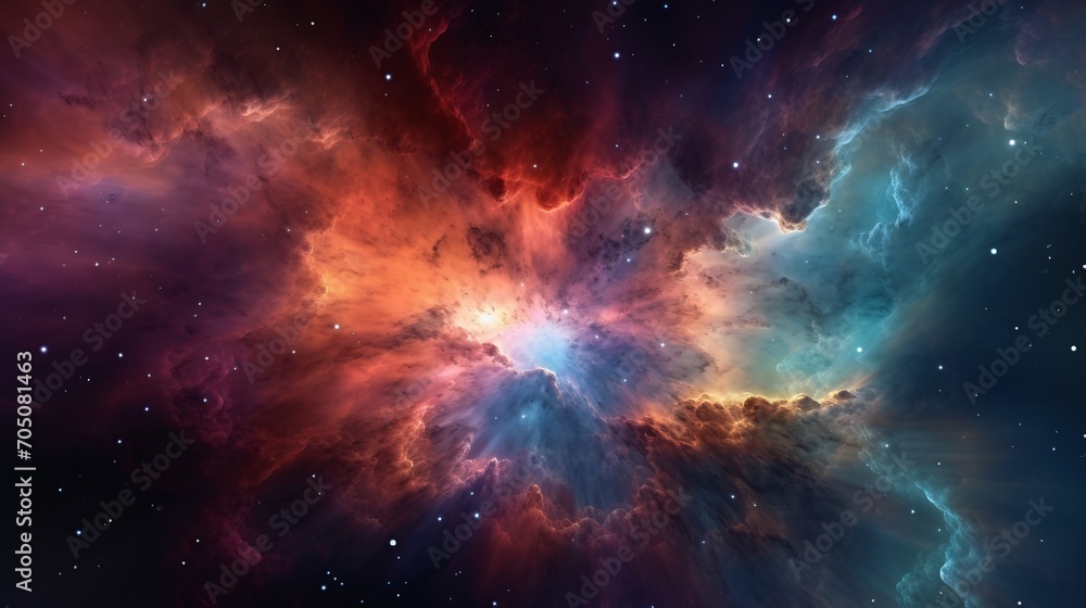 Poster a vibrant and colorful nebula with a starry background generative ai