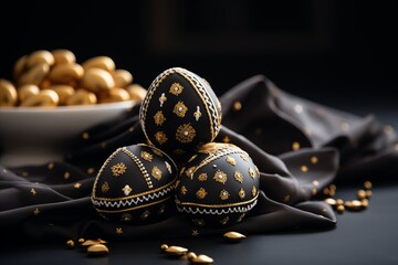 Colorful Easter Eggs with Golden Decor on Dark Background, Festive Holiday Image