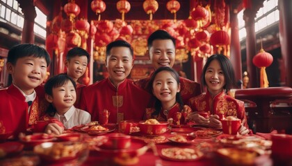 potrait Chinese family celebrating Chinese new year at chinese temple - obrazy, fototapety, plakaty