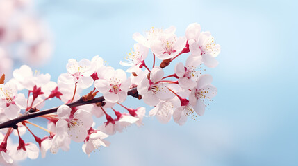 Branches of blossoming cherry macro with soft focus on gentle light blue sky background in sunlight with copy space, Ai generated image