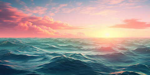 Fototapeta premium Surreal scene of rolling green hills floating above an ocean, the sky a blend of vibrant sunset colors