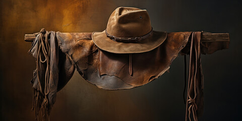 Weathered leather hat hangs on a peg, suggesting tales of adventure and the great outdoors - obrazy, fototapety, plakaty