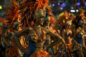 Beautiful samba dancers performing in a Brazilian Carnival. Female in colorful costume at hight