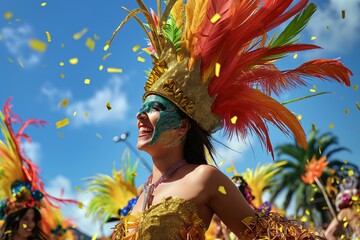 Beautiful samba dancers performing in a Brazilian Carnival. Female in colorful outfits