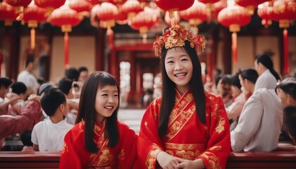 Obraz premium potrait Chinese family celebrating Chinese new year at chinese temple