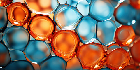 Close-up of vibrant cells in shades of orange and blue, suggesting life's complexity