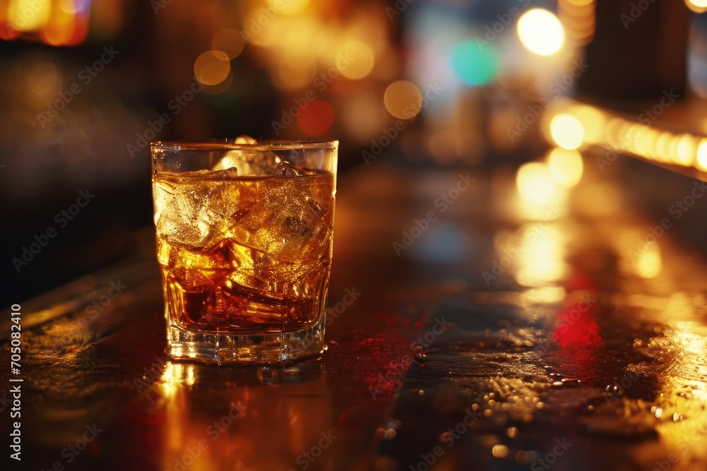 Aufkleber A close-up view of a glass of alcohol on a bar. This image can be used to showcase the ambiance of a bar or to illustrate socializing and relaxation in a nightlife setting