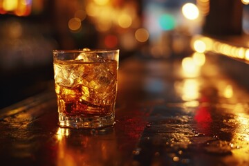 A close-up view of a glass of alcohol on a bar. This image can be used to showcase the ambiance of a bar or to illustrate socializing and relaxation in a nightlife setting