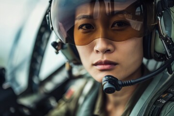 Portrait of an Asian female military pilot. Close up portrait of woman in a helmet in an airplane cockpit
