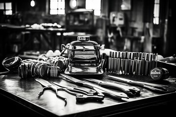 Obraz premium Professional Hairdressing Scissors and Barber Tools in Salon, Barber Shop Haircut Concept