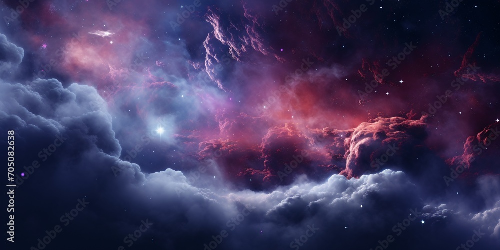 Poster a vibrant purple and red nebula with a cloudy background generative ai