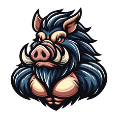 wild beast strong muscle hog boar pig mascot design vector illustration, logo template isolated on white background