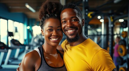 smile of African couple in gym. 