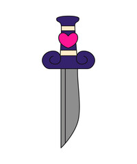 Knife with heart in y2k, 1990s, 2000s style. Emo goth element design. Old school tattoo. Hand drawn vector flat illustration isolated on white background
