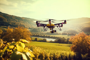 Fototapeta premium Drone over wheat fields, using tech to monitor agriculture. A futuristic stock photo capturing the efficiency of new technologies in food production