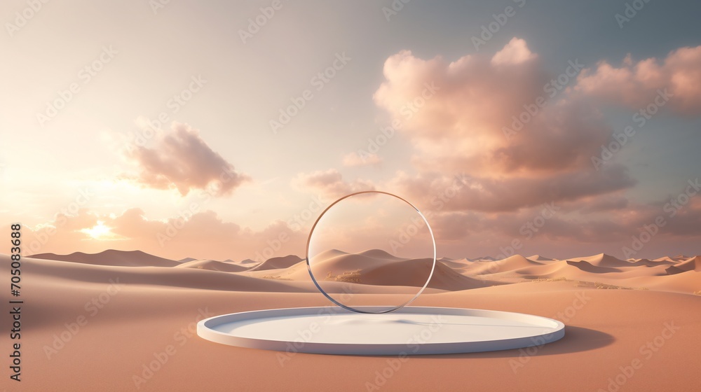 Poster a white plate on a sandy surface with a cloudy sky in the background generative ai