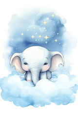 Cute elephant sleeping on a cloud watercolor drawing. Generative AI