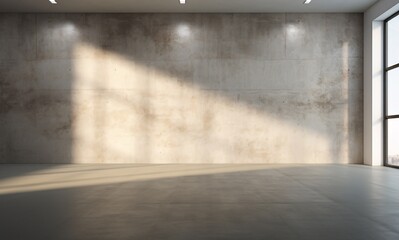 A large, empty room with a cement wall and a single light source. Generative AI