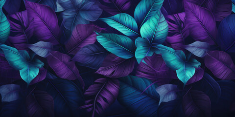 Lush tropical leaves in shades of purple and blue create a dense, vibrant jungle atmosphere