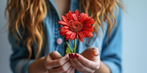 A woman holds a vibrant red flower in her hands. This picture can be used to represent beauty, nature, love, or a gift