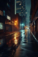 A rainy night on a city street with buildings in the background. Suitable for urban, nightlife, and rainy day concepts