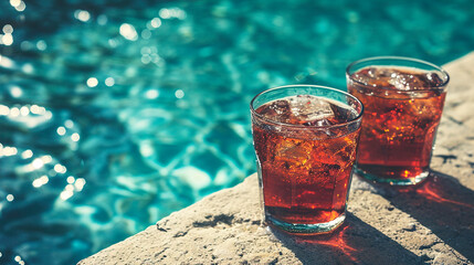 Two soft drinks on the edge of a swimming pool