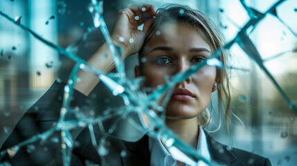 Elegant woman behind a broken glass.