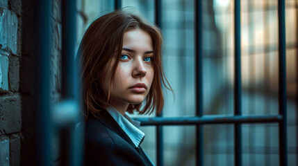 Elegant woman behind bars. 