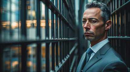 Elegant man behind bars. 