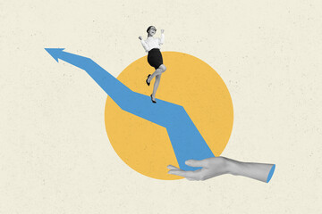 Photo image creative collage young attractive woman celebrate success arrow raise up achievement...